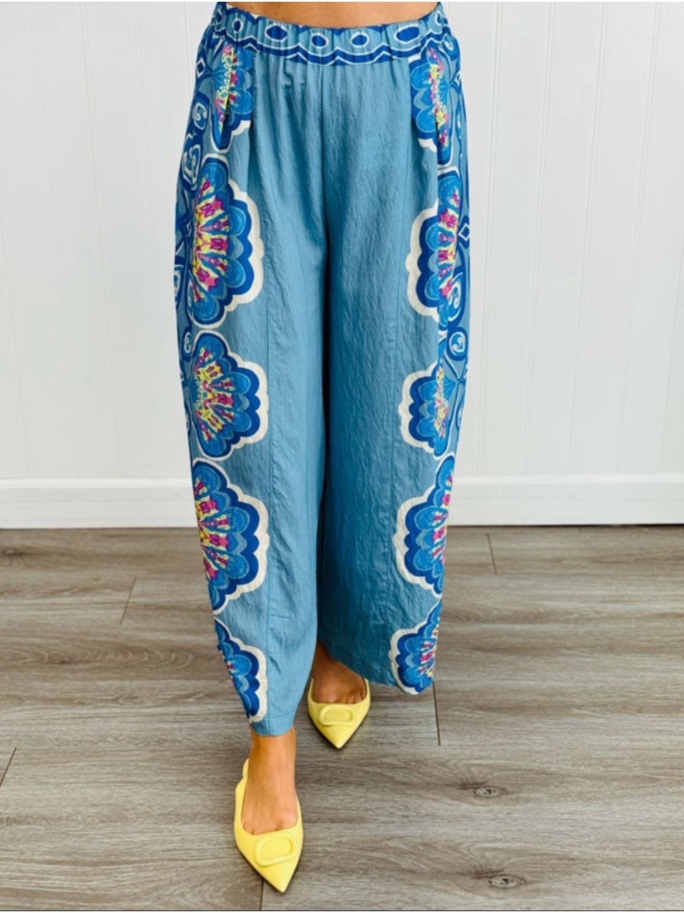 Umgee Blue Wide-Leg Pants with Floral Side Panels